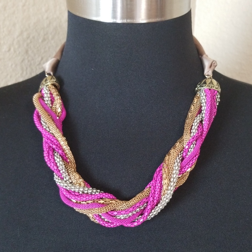 Ali Khan New York Gold Silver Mesh Hot Pink Ribbon Necklace